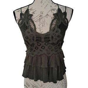 Mi Ami Olive Green‎ Crochet Lace Top Small Whimsygoth Forest Fairy Ruffle Cami